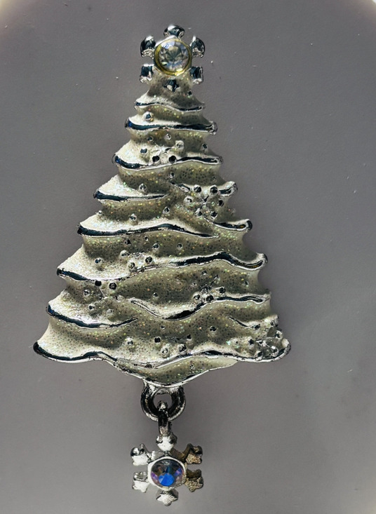 Aurora Borealis Jewelry - VINTAGE Christopher Radko Silver Tone Christmas Tree Brooch Dangle Snowflake